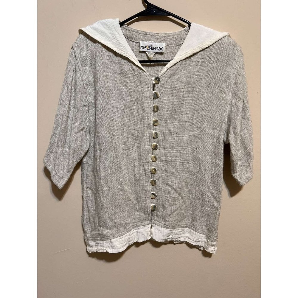 MASquerade Cotton  Vintage women classic short sleeve button down blouse Size L